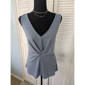 Express Top Womens L Textured Stretch Sleeveless Vneck Tucks Blue Peplum Sash